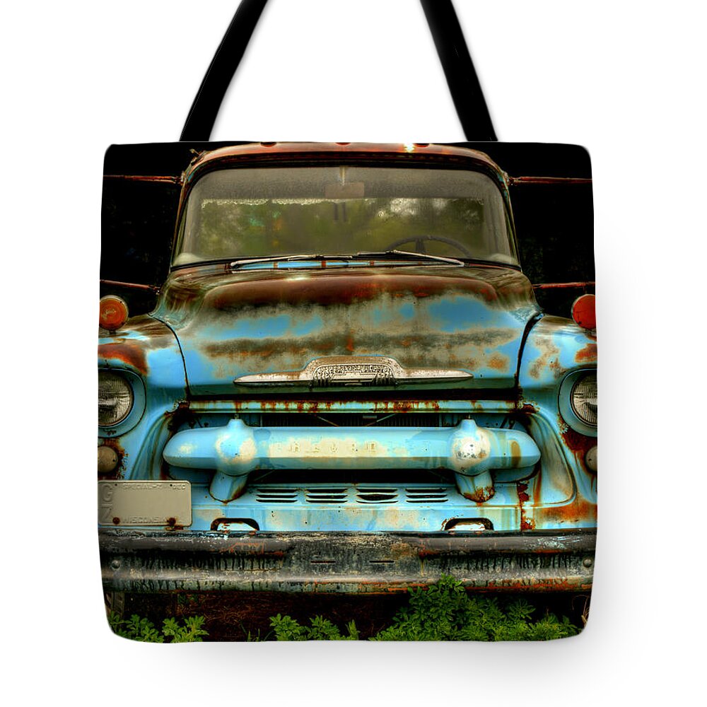Old Chevrolet Truck Tote Bag featuring the photograph Sky Blue and Still Cool by Thomas Young