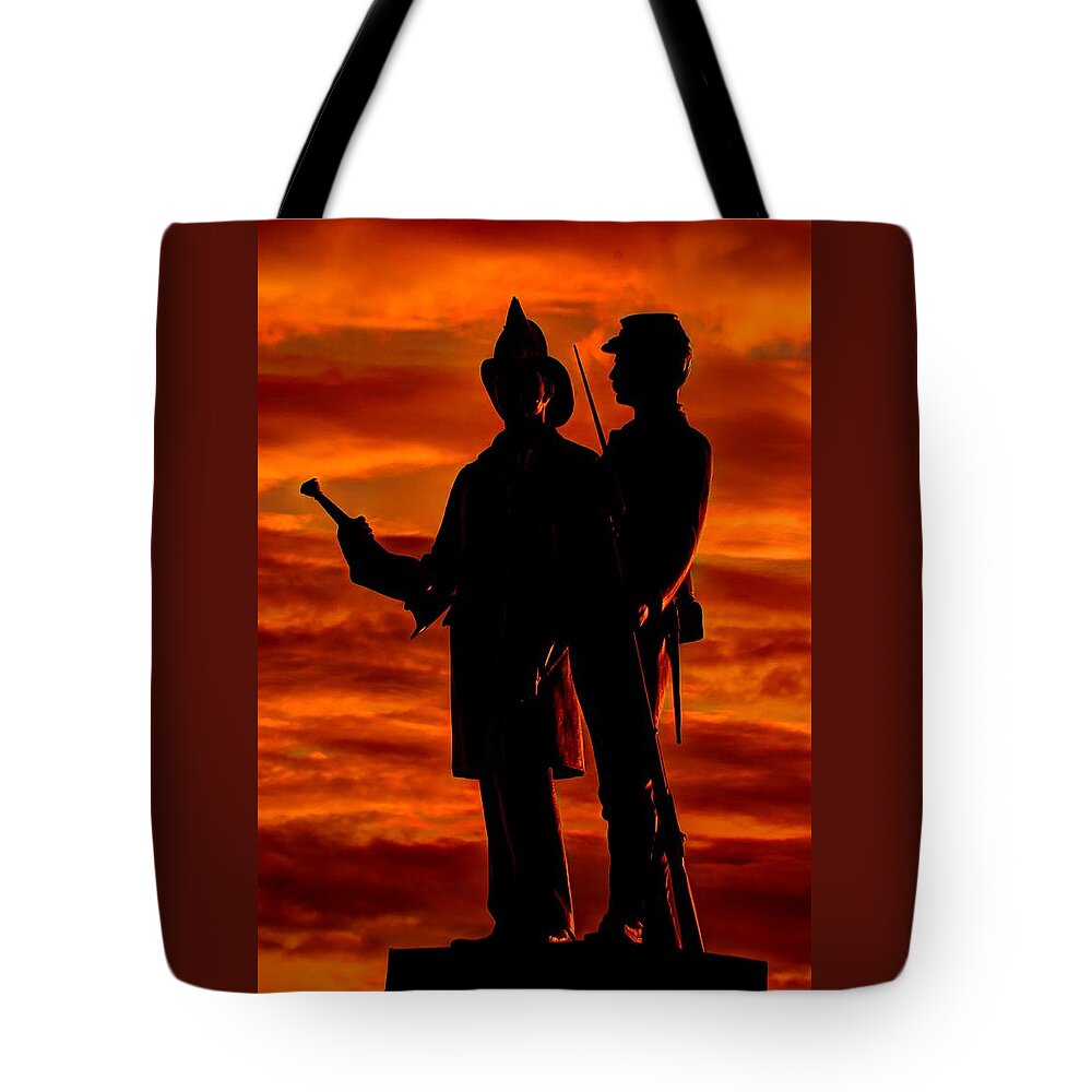 Civil War Tote Bag featuring the photograph Sky Fire - 73rd NY Infantry Fourth Excelsior Second Fire Zouaves-B1 Sunrise Autumn Gettysburg by Michael Mazaika