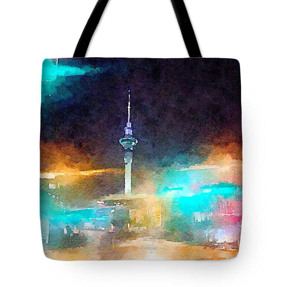 Sky Tower Tote Bag featuring the painting Sky Tower by night by HELGE Art Gallery