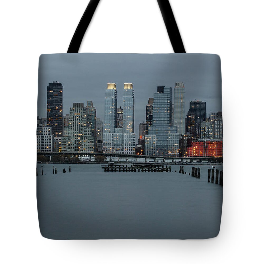 Blue Tote Bag featuring the photograph Skyline by the Pier by GeeLeesa Productions