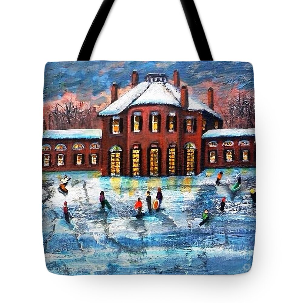 Landscape Tote Bag featuring the painting Sledding at the Gore Estate by Rita Brown