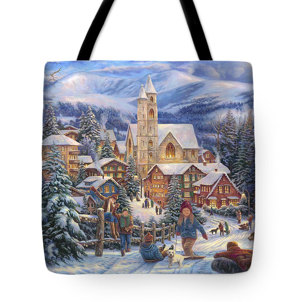 Christmas Village Tote Bag featuring the painting Sledding to Town by Chuck Pinson