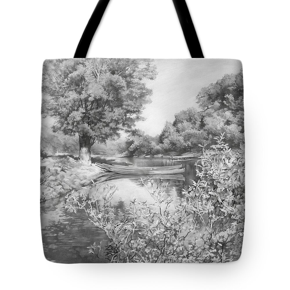 River Tote Bag featuring the drawing Slow River by Denis Chernov