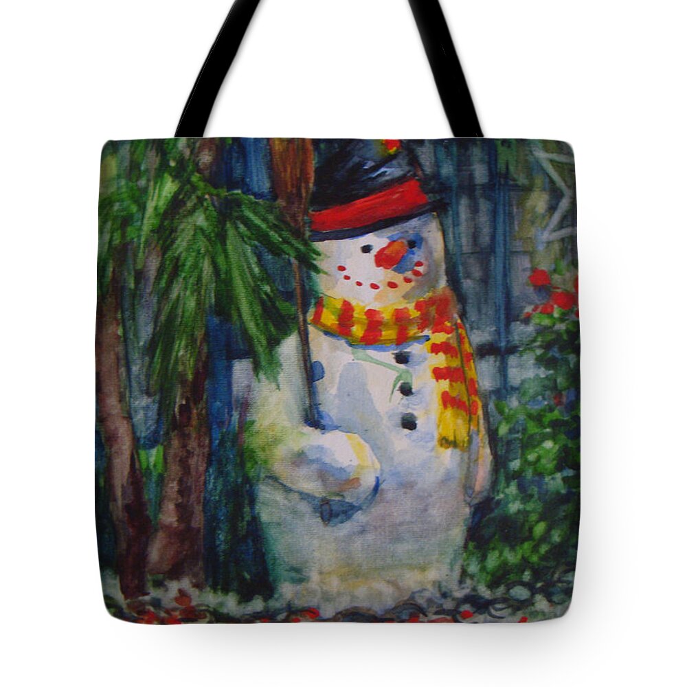 Christmas Tote Bag featuring the painting Smiling Snowman by Joan Coffey