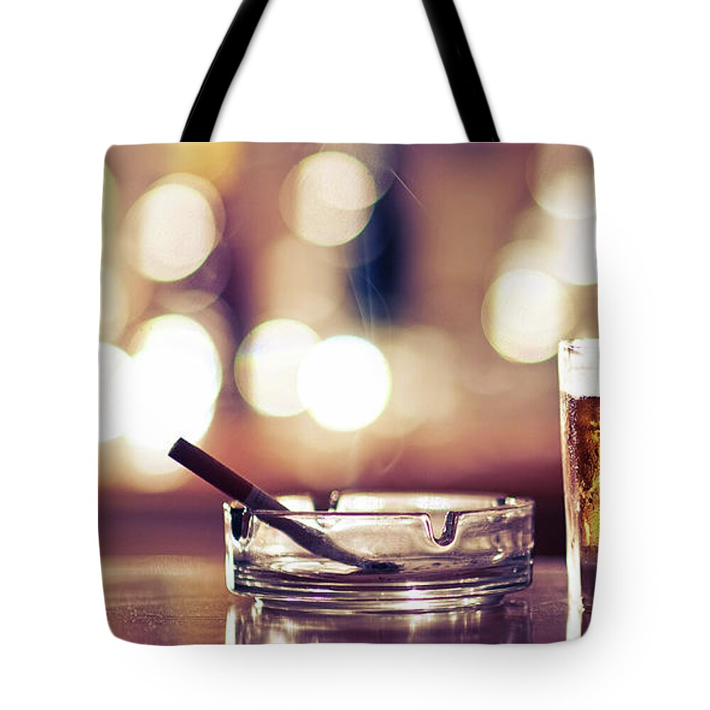 Unhealthy Eating Tote Bag featuring the photograph Smoke And Drink Bokeh by Andy Collins Photography