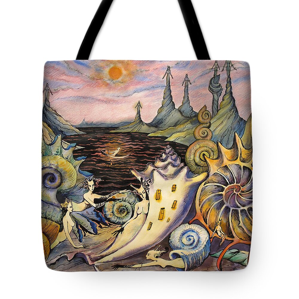 Fantasy Tote Bag featuring the painting Snail City by Valentina Plishchina