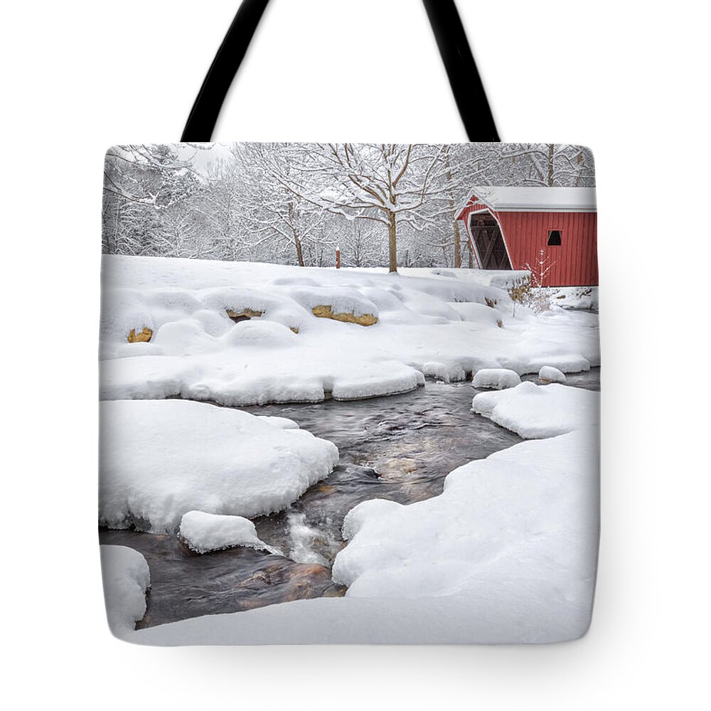 Snow Covered Bridge Tote Bag featuring the photograph The Stillness of Winter by Bill Wakeley