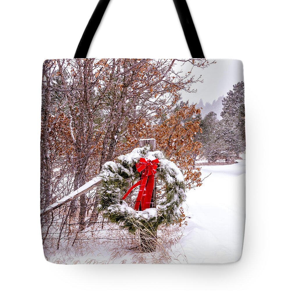 Christmas Card Tote Bag featuring the photograph Snow Covered Christmas Wreath by Teri Virbickis
