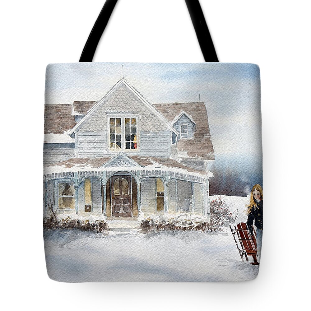 A Snow Scene Of A Young Girl And Her Sled At Her Country Home. Tote Bag featuring the painting Snow Day by Monte Toon