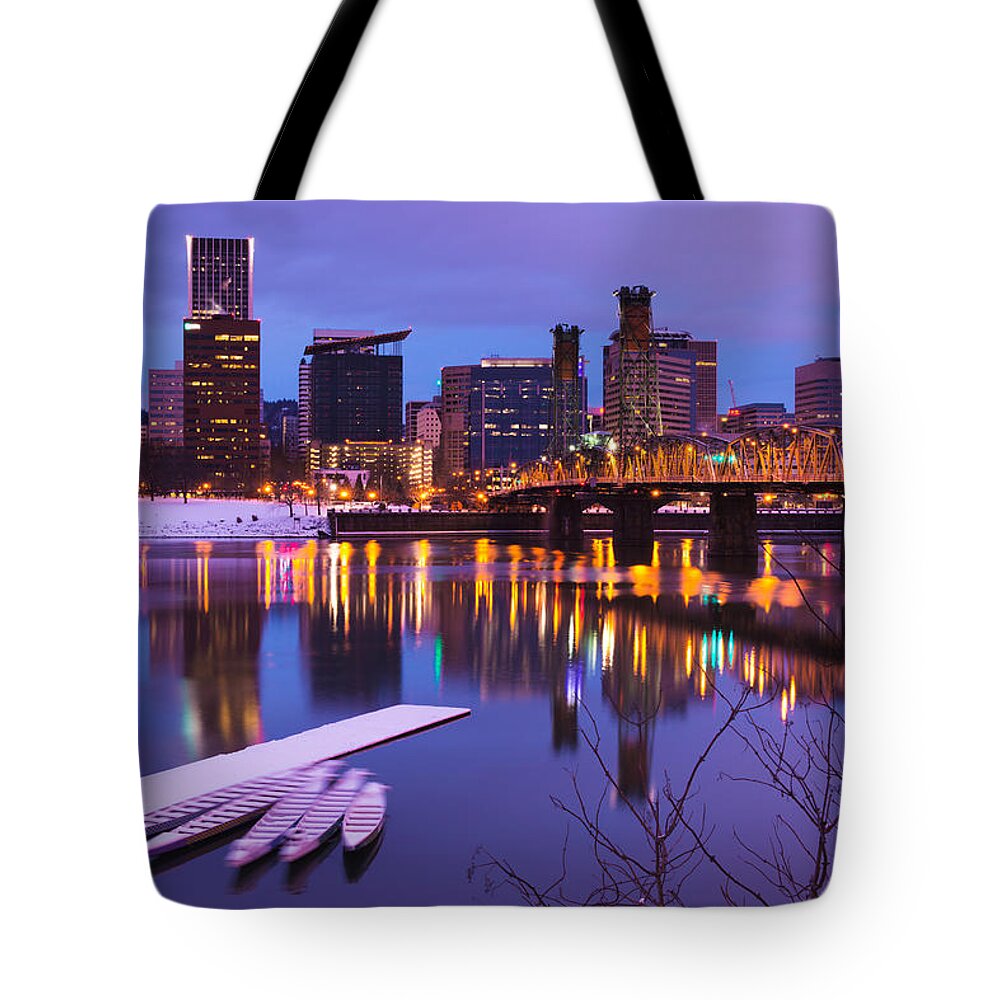 Portland Oregon Downtown Waterfront Cityscape Landscape Dock River Willamette Sunrise Pre Before Winter Snow Snowfall Horizontal Tote Bag featuring the photograph Snow Day by Patrick Campbell