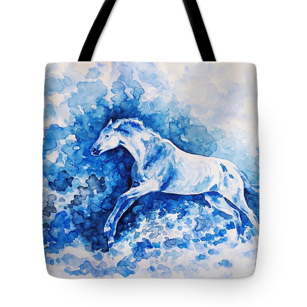 Horse Tote Bag featuring the painting Snow Ghost by Zaira Dzhaubaeva