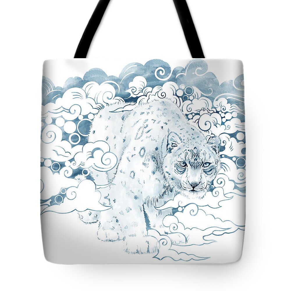 Snow Leopard Illustration Tote Bag featuring the painting Tibetan Snow leopard by Sassan Filsoof