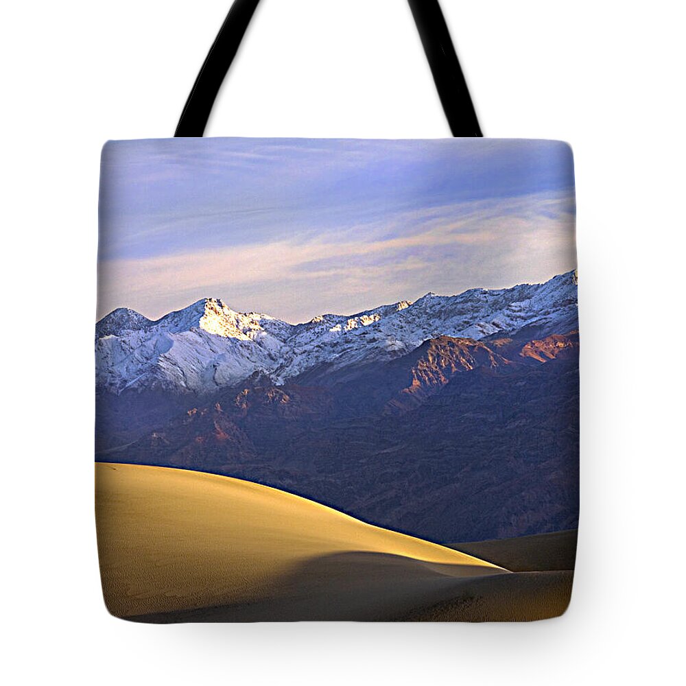 Death Valley National Park Tote Bag featuring the photograph Snow on the Grapevine Range. by Joe Schofield