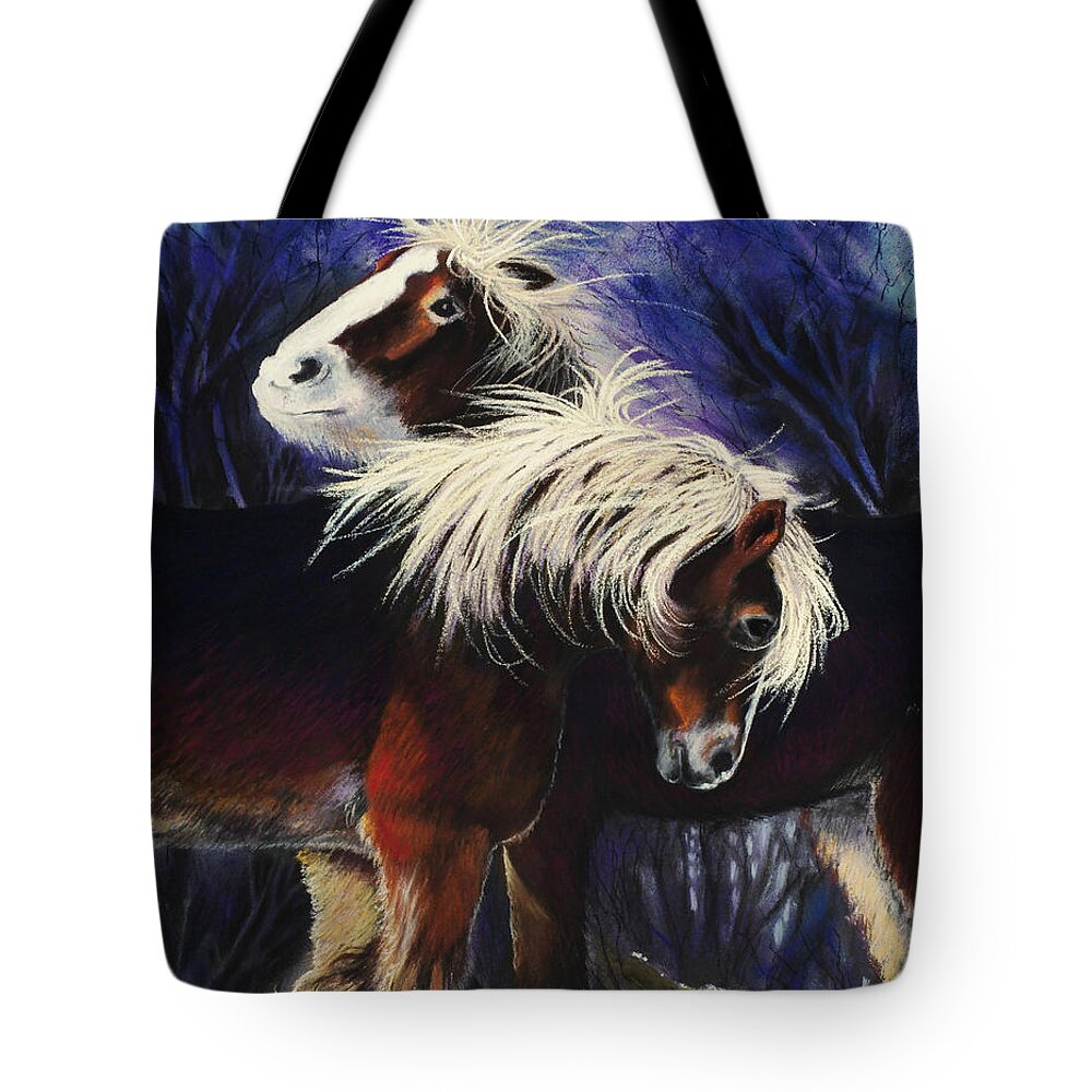 Horse Pony Ponies Horses Snow Winter Purple Shetland Shaggy Companionship Love Windy Tousled Red Animals Nature Tote Bag featuring the pastel Snow Ponies by Brenda Salamone