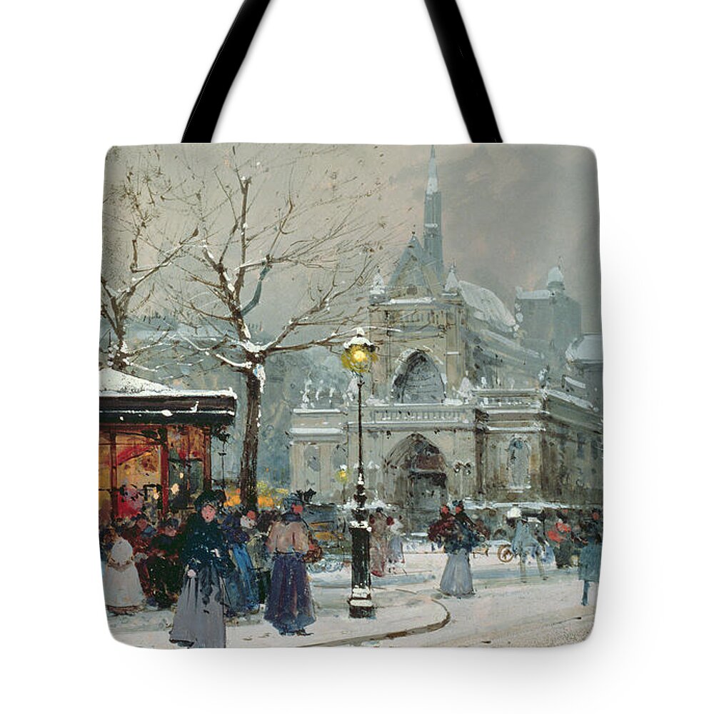 Gas Light Tote Bag featuring the painting Snow Scene in Paris by Eugene Galien-Laloue