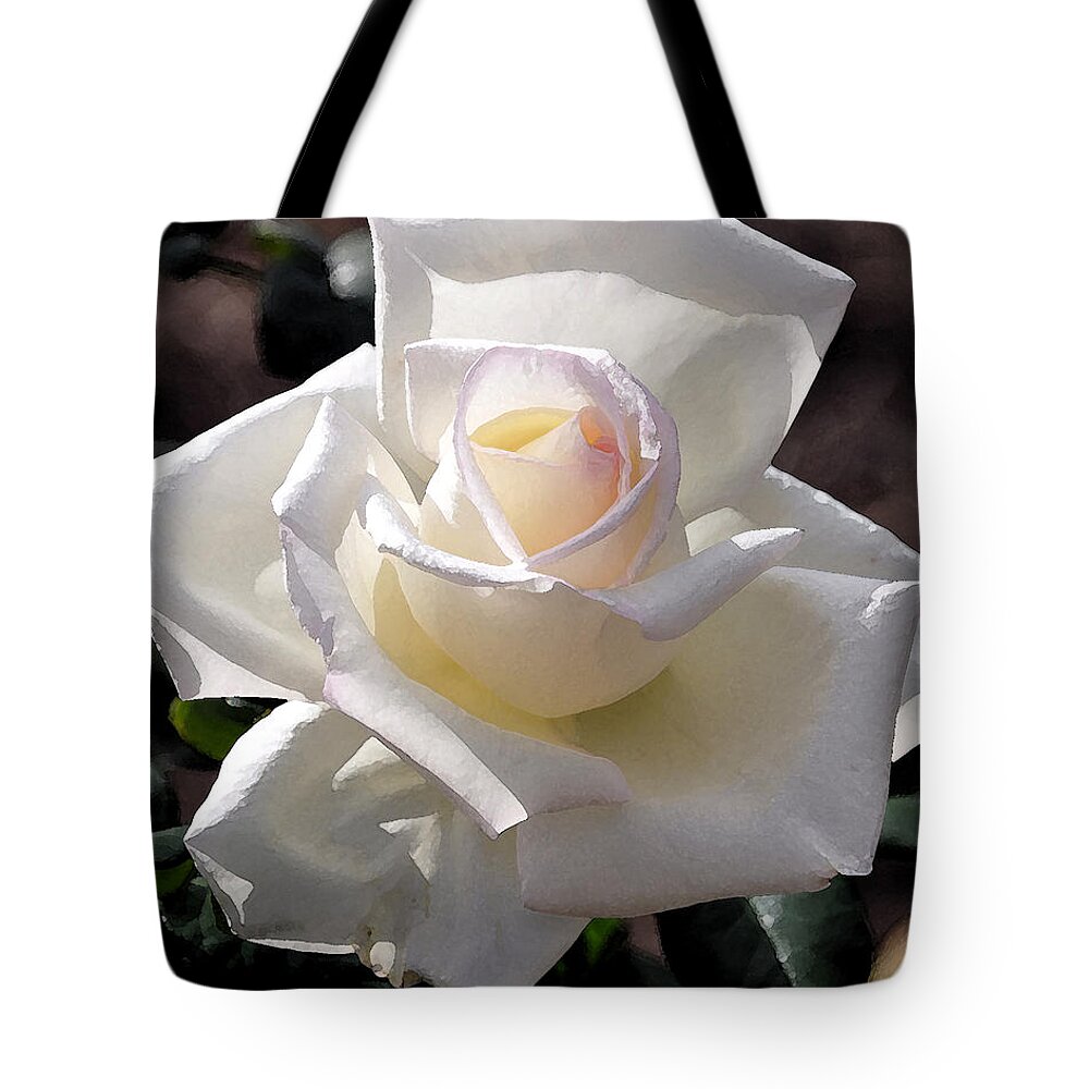 Rose Tote Bag featuring the digital art White Rose Bloom by Kirt Tisdale