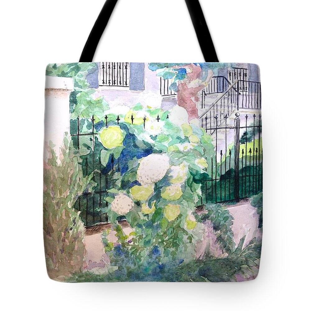 Watercolor Tote Bag featuring the painting Snowballs in Summer by Marilyn Zalatan
