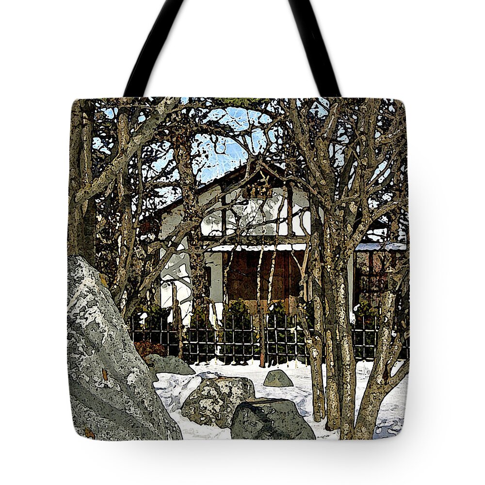 Japanese Garden Tote Bag featuring the digital art Snowfall and the Japanese Garden House by Gary Olsen-Hasek