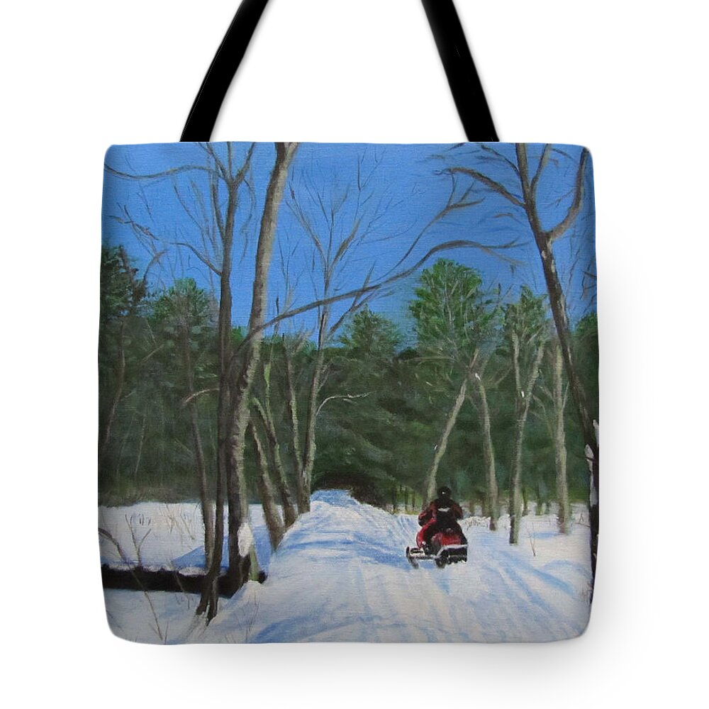 Landscape Tote Bag featuring the painting Snowmobile on Trail by Linda Feinberg