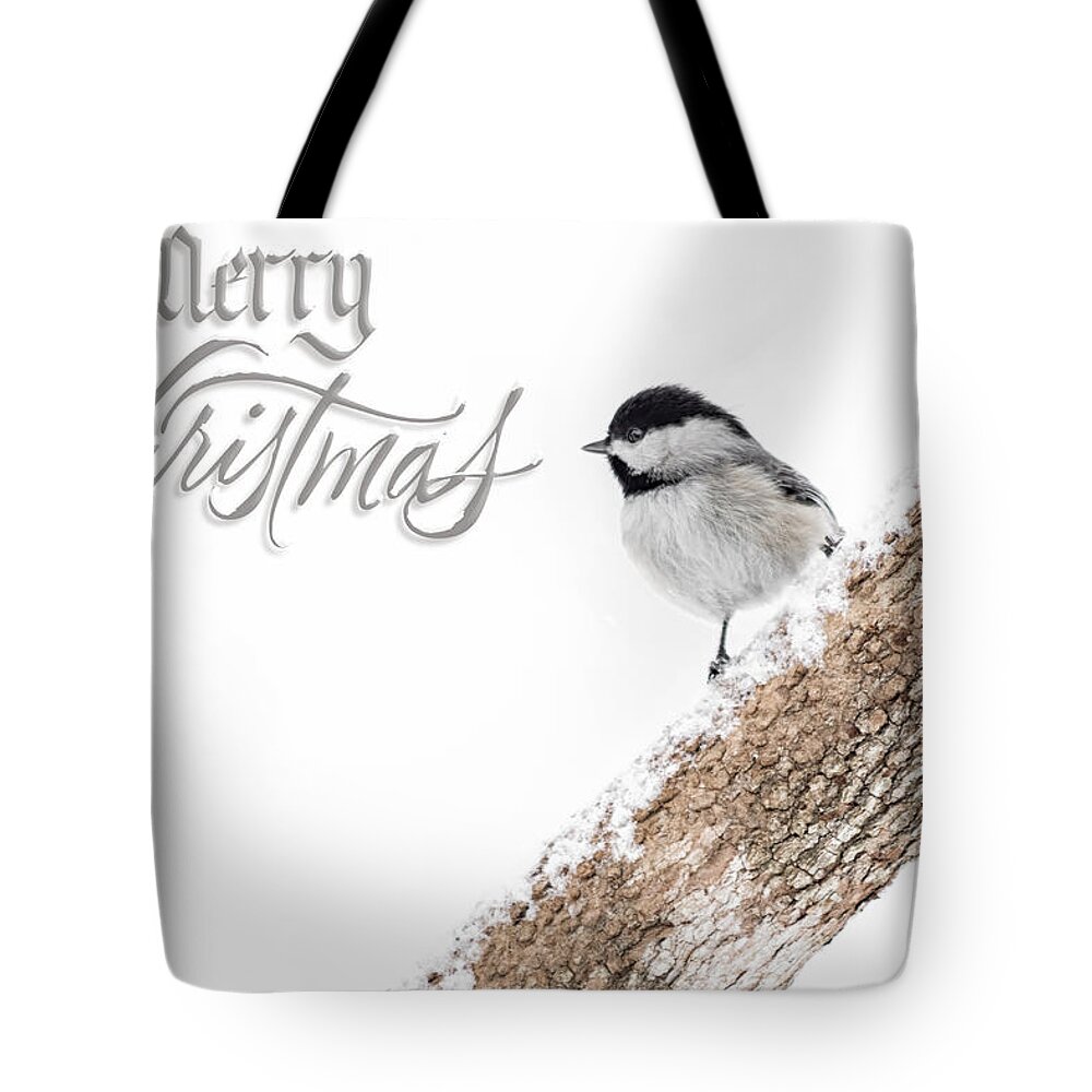 K-30 Tote Bag featuring the photograph Snowy Chickadee Christmas Card by Lori Coleman