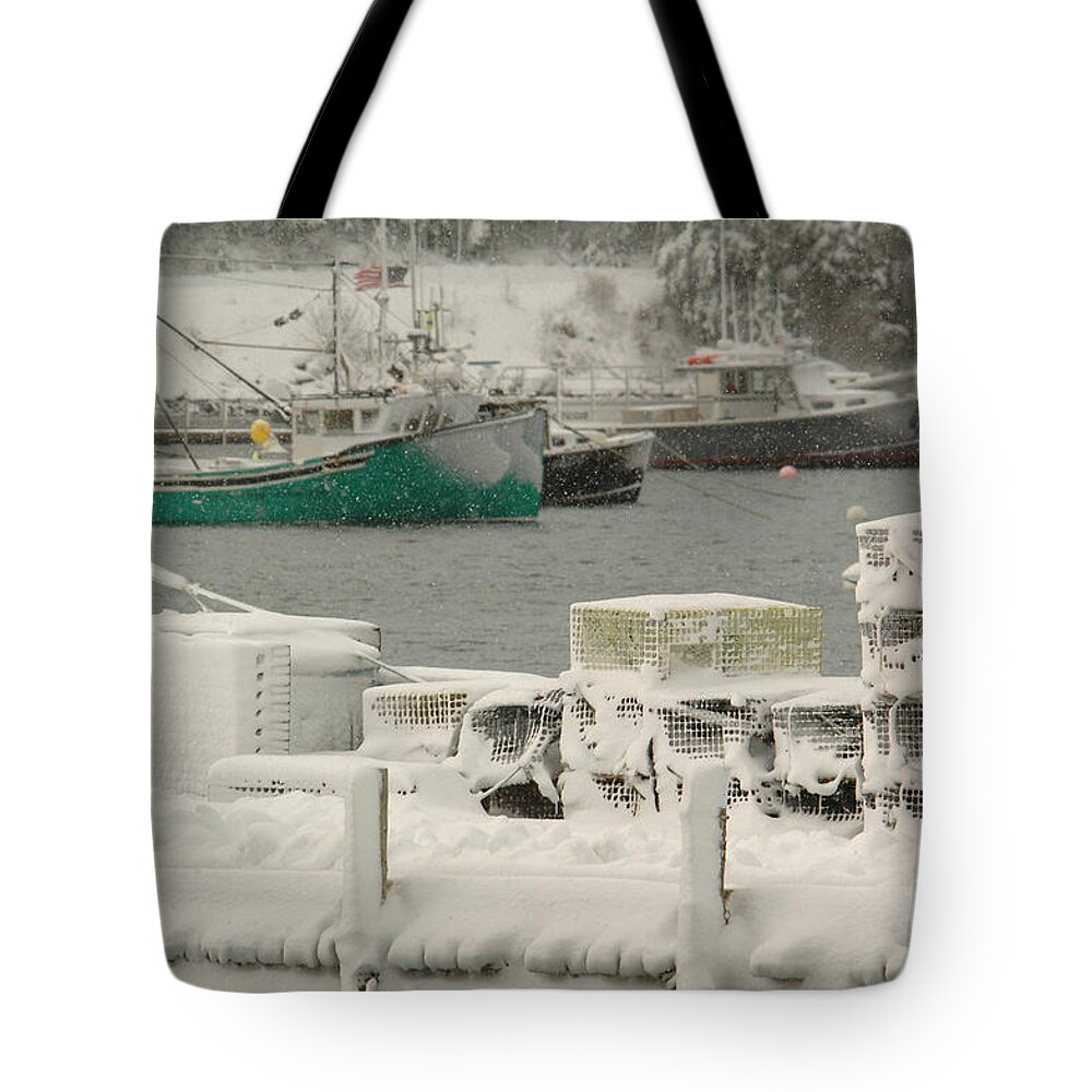 Snow Tote Bag featuring the photograph Snowy Lobster Traps by Alana Ranney