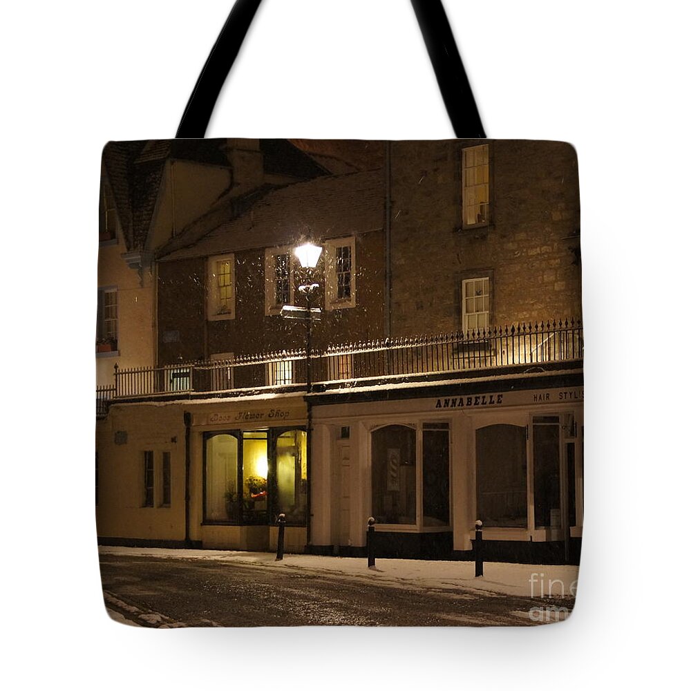 South Queensferry Main Street Tote Bag featuring the photograph Snowy night by Elena Perelman