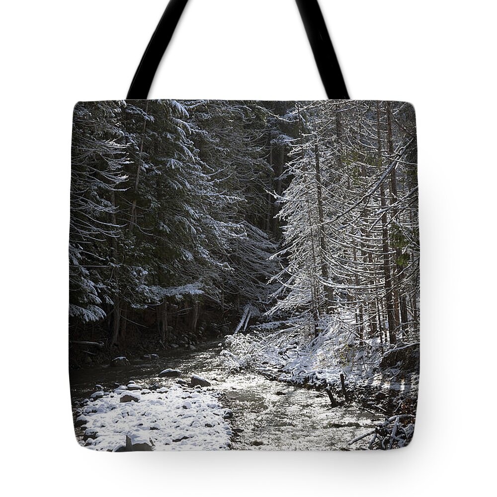 Cold Tote Bag featuring the photograph Snowy Oregon Stream by Peter French