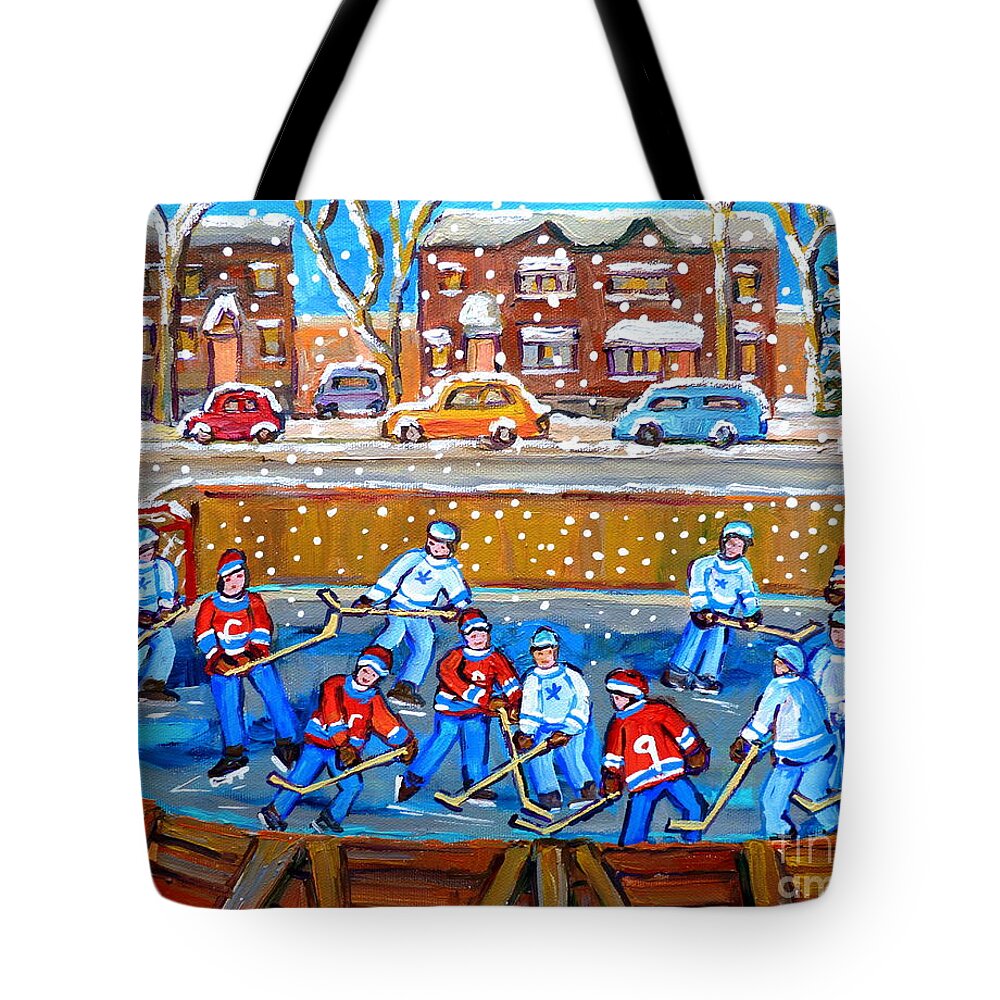 Hockey Tote Bag featuring the painting Snowy Rink Hockey Game Montreal Memories Winter Street Scene Painting Carole Spandau by Carole Spandau