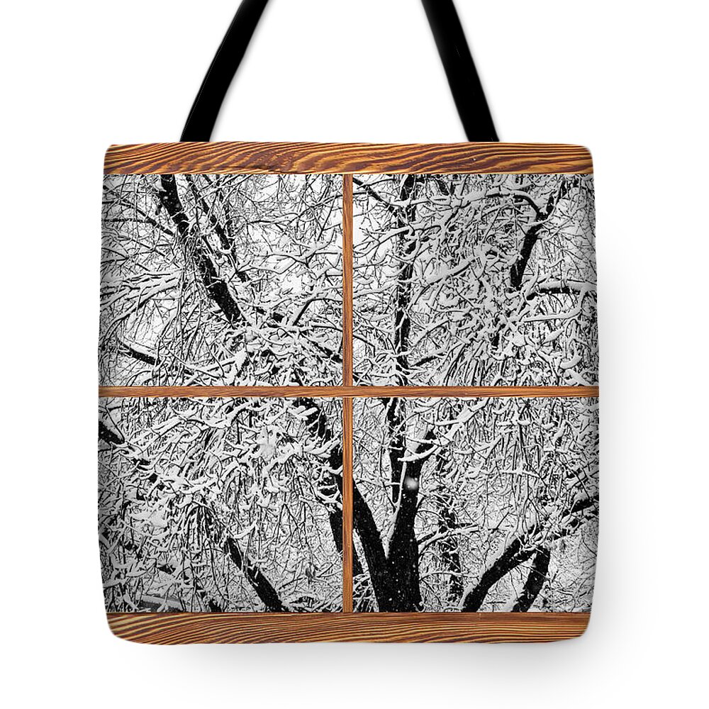 Windows Tote Bag featuring the photograph Snowy Tree Branches Barn Wood Picture Window Frame View by James BO Insogna