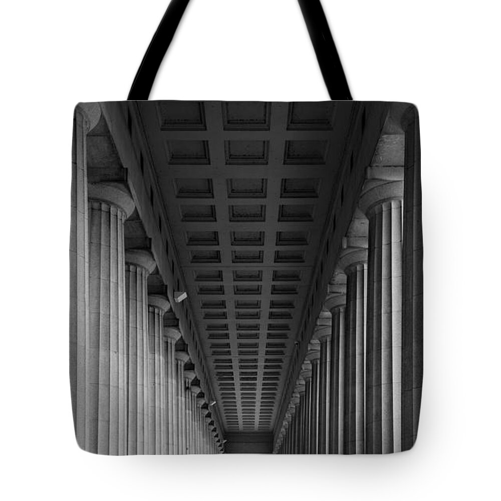 Soldier Tote Bag featuring the photograph Soldier Field Colonnade Chicago B W B W by Steve Gadomski
