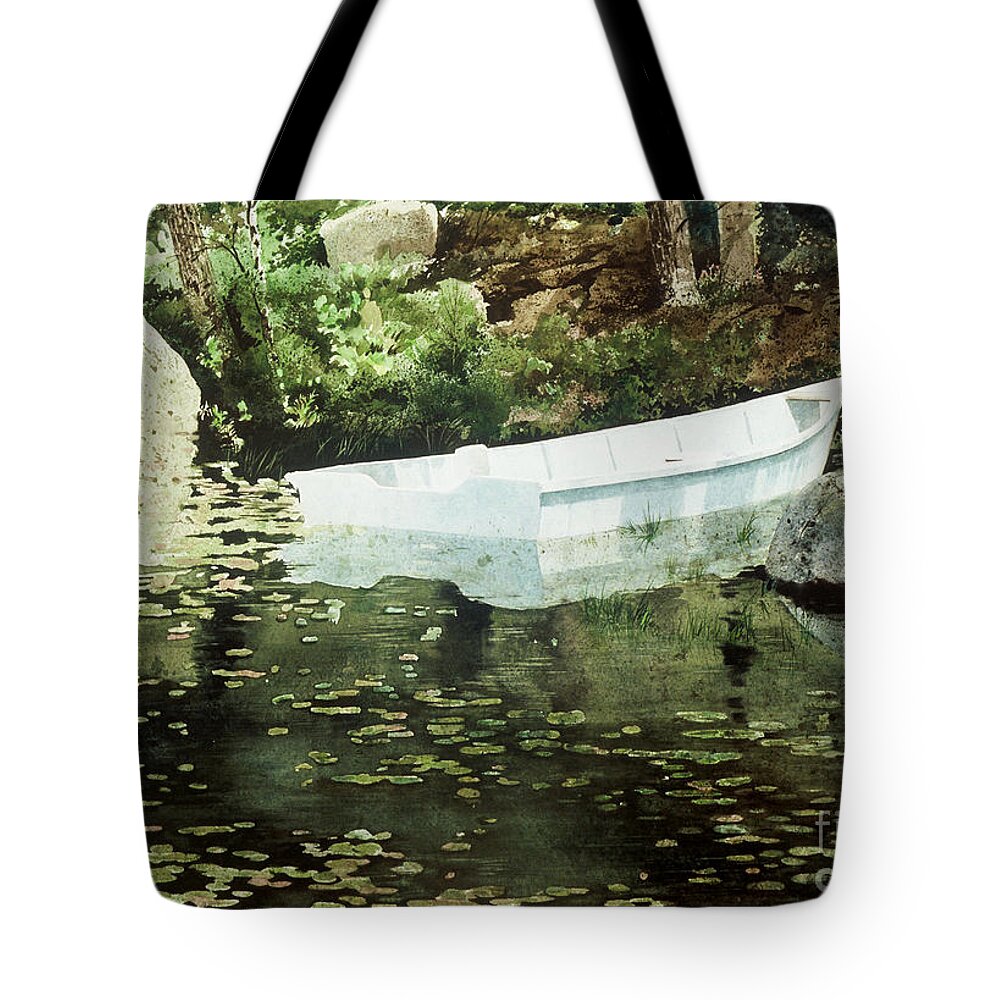A White Boat Floats In A Quiet Pond On Southport Island Just Across The Bridge From Boothbay Harbor Tote Bag featuring the painting Solitude by Monte Toon