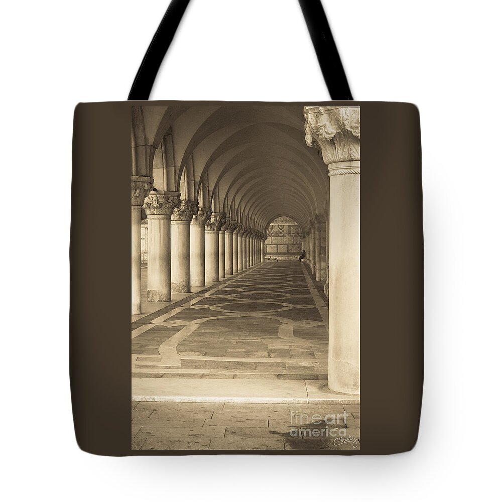 Italy Tote Bag featuring the photograph Solitude under Palace Arches by Prints of Italy