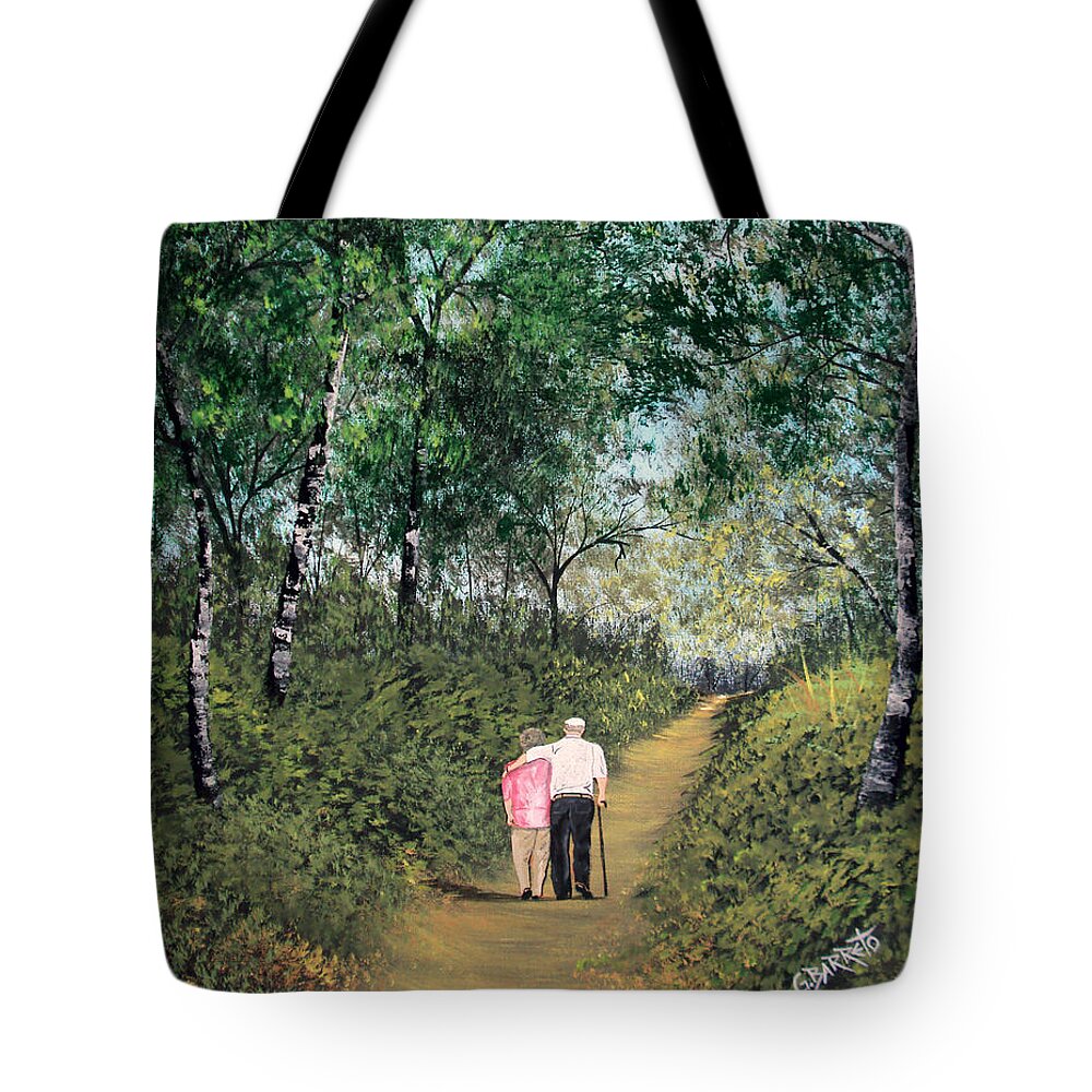 Elderly Couple Walking Tote Bag featuring the painting Soul Mates by Gloria E Barreto-Rodriguez