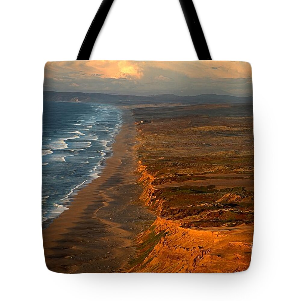 Pt Reyes South Beach Tote Bag featuring the photograph South Beach Golden Glow by Adam Jewell