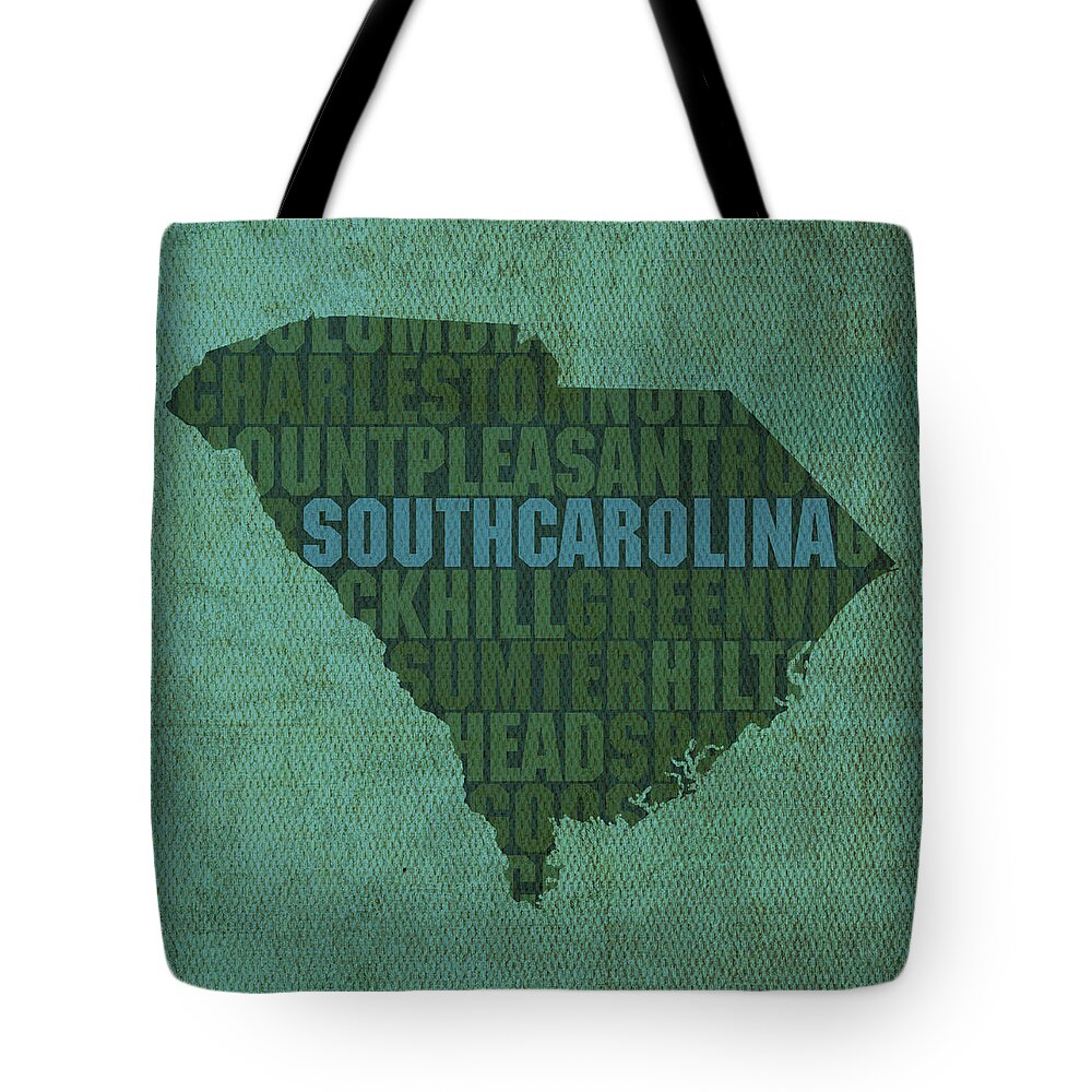 South Carolina Word Art State Map On Canvas Tote Bag featuring the mixed media South Carolina Word Art State Map on Canvas by Design Turnpike