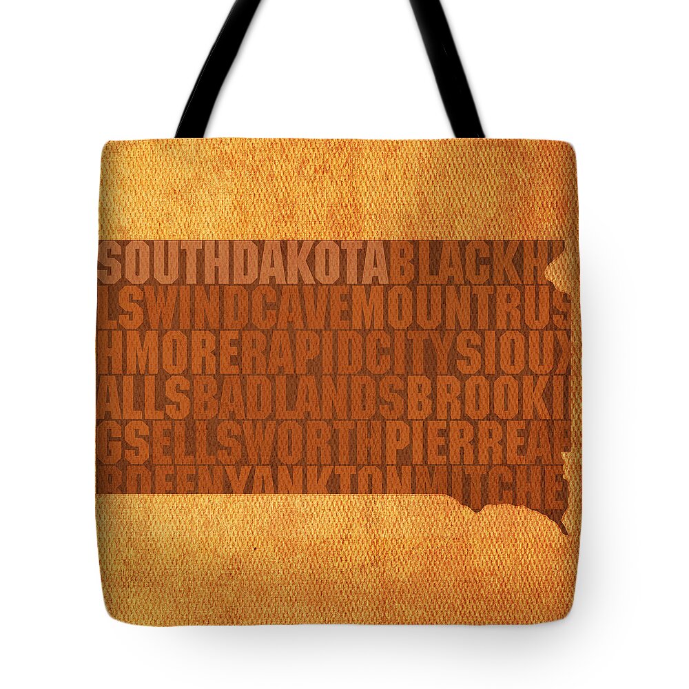 South Dakota Word Art State Map On Canvas Tote Bag featuring the mixed media South Dakota Word Art State Map on Canvas by Design Turnpike