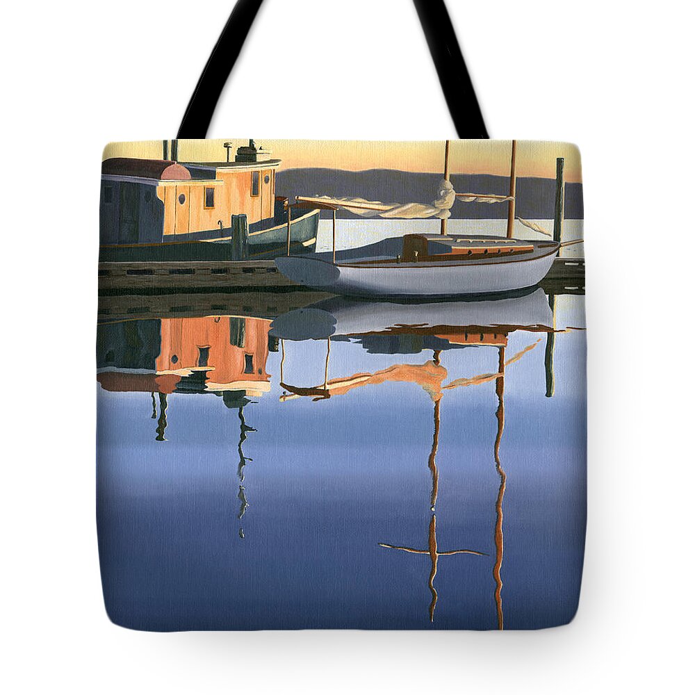 Boat Tote Bag featuring the painting South harbour reflections by Gary Giacomelli