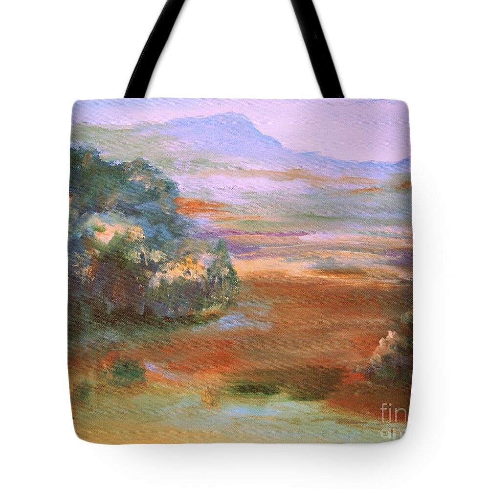 Fall Foggy Morning Tote Bag featuring the painting South Mountain second in the series by Julie Lueders 