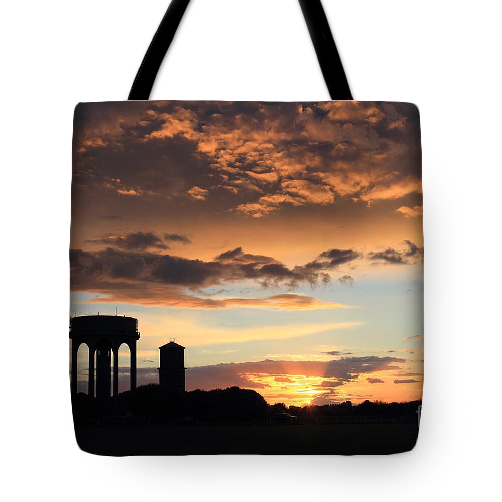 Southwold Common Sunset Dusk Uk England English British Britain Water Towers Landscape Landmark Icon Iconic Suffolk Scenic Cloud Formations Summer Calm Tranquil Tote Bag featuring the photograph Water Towers on Southwold Common by Julia Gavin