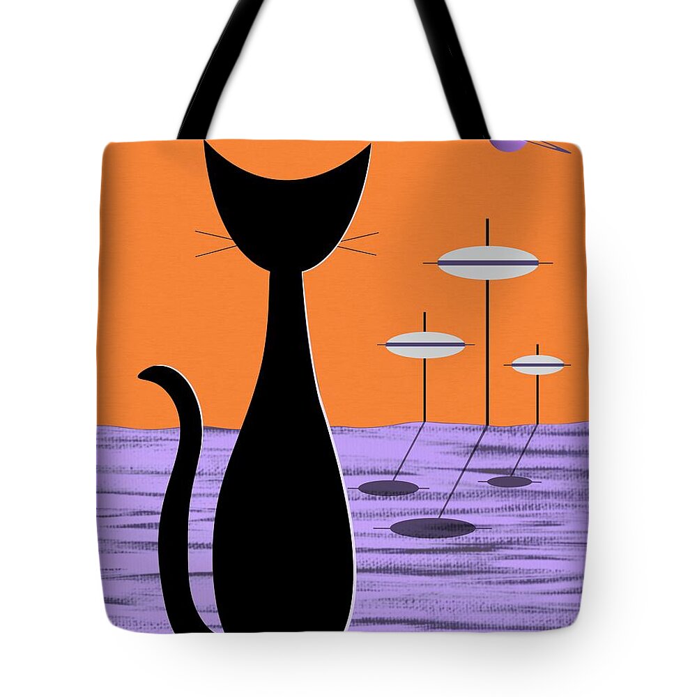 Mid Century Modern Tote Bag featuring the digital art Space Cat Orange Sky by Donna Mibus