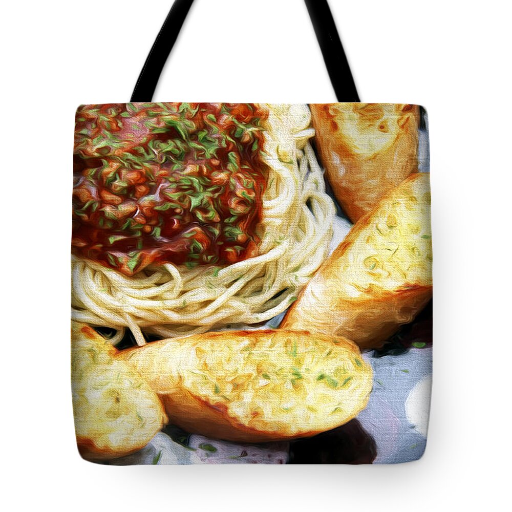 Andee Design Spaghetti Tote Bag featuring the mixed media Spaghetti And Garlic Toast 5 by Andee Design