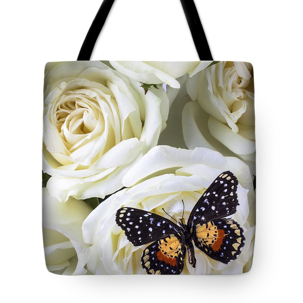 Speckled Butterfly Tote Bag featuring the photograph Speckled butterfly on white rose by Garry Gay