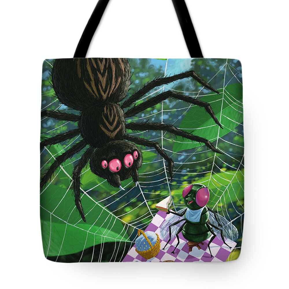 Picnic Tote Bag featuring the painting Spider Picnic by Martin Davey