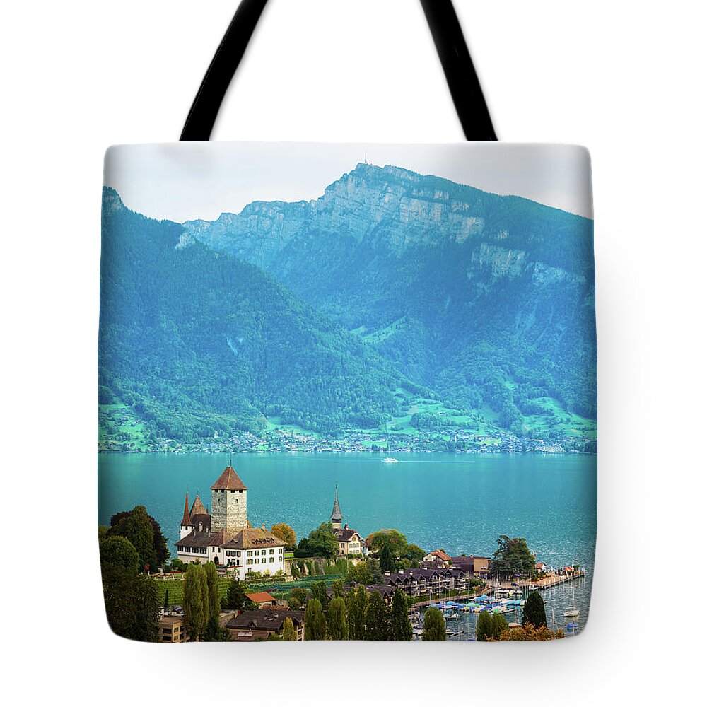 Built Structure Tote Bag featuring the photograph Spiez With Lake Thun Switzerland by Nicolasmccomber