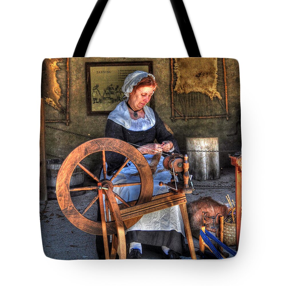 Historic Tote Bag featuring the photograph Spinning Yarn by Kathy Baccari