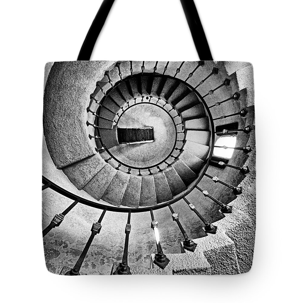 Stairs Tote Bag featuring the photograph Spiral Castle Stairs in BW by Paul W Faust - Impressions of Light
