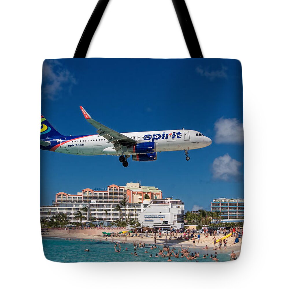 Spirit Tote Bag featuring the photograph Spirit Airlines low approach to St. Maarten by David Gleeson