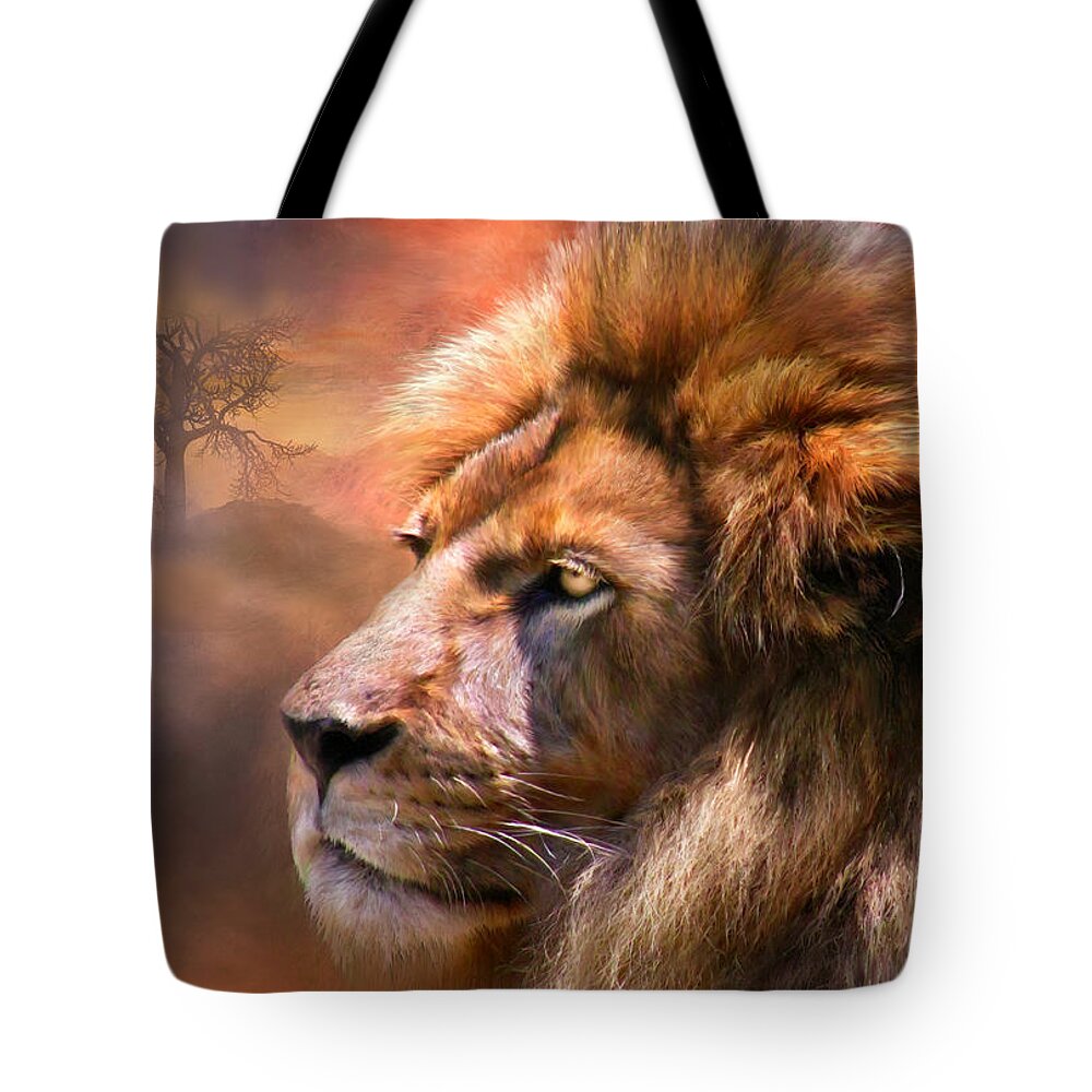 Lion Tote Bag featuring the mixed media Spirit Of The Lion by Carol Cavalaris
