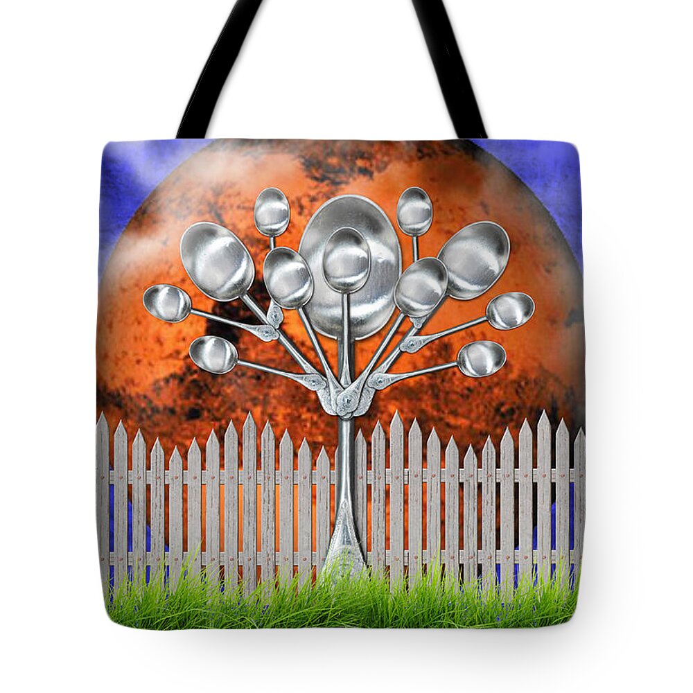 Weird Tree Tote Bag featuring the mixed media Spoon Tree by Ally White
