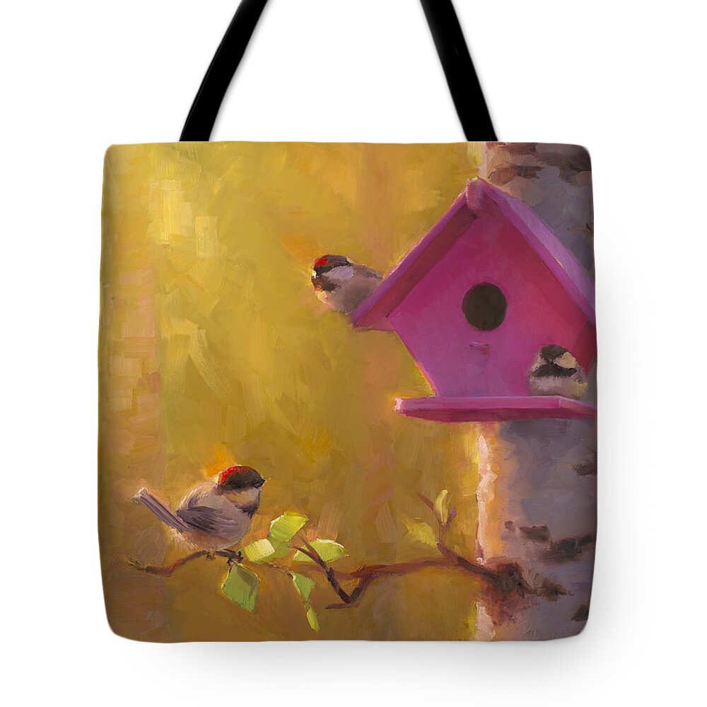 Chickadee Tote Bag featuring the painting Spring Chickadees 1 - Birdhouse and Birch Forest by K Whitworth